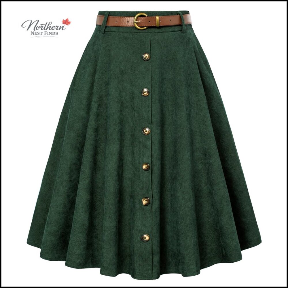Corduroy Skirt High Waisted Midi Length with Pockets A-Line Swing